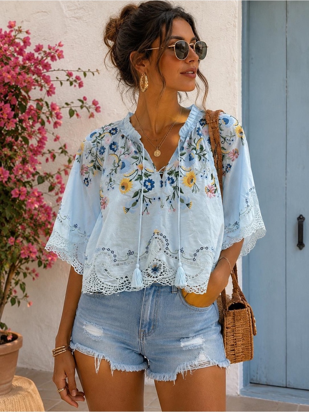 Boho Embroidered Floral Peasant Top - Light Blue